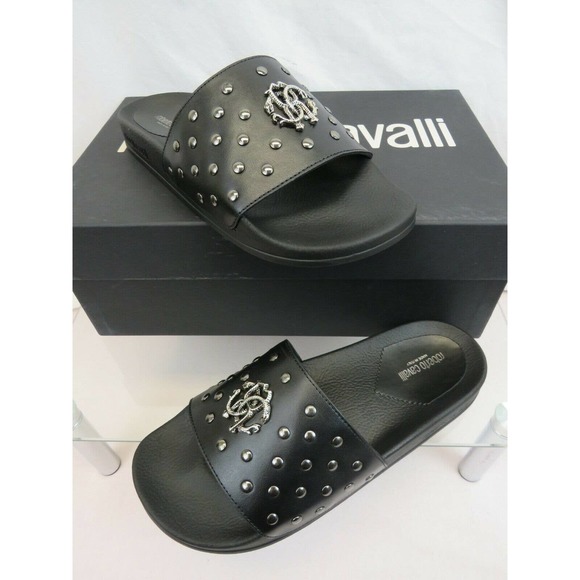 ROBERTO CAVALLI BLACK LEATHER SNAKE MEDALLION LOGO STUDS SANDAL 42.5 / 9.5 ITALY - Picture 1 of 8